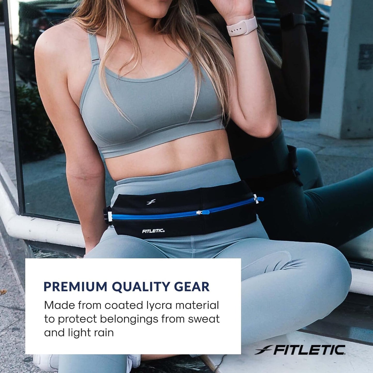 Fitletic Bolt Double Pocket Running Belt & Active Fanny Pack For Men & Women – Water Resistant, Lightweight Sleek Design – Patented No Bounce Hip Hugging Fit – Holds Any Phone