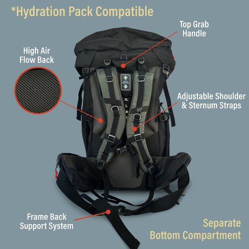 Bear Grylls 65L + 5L Hiking Hydration Backpack, Perfect For Backpacking, Large Pack With Separated Bottom Compartment, Camping, Mountain Biking, Skiing, Snowboarding, For Men and Women - Black