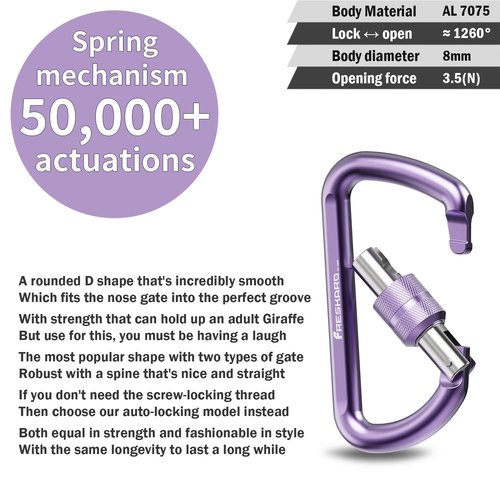 FresKaro Carabiner Clip, Locking and Small Carabiners, Heavy Duty Carbineers, Key and Keychain Clips, Purple Karabiner 3inch, Screw Lock, Aluminum, D-Ring, for Belt, Hammock, Hiking, 2 Pack
