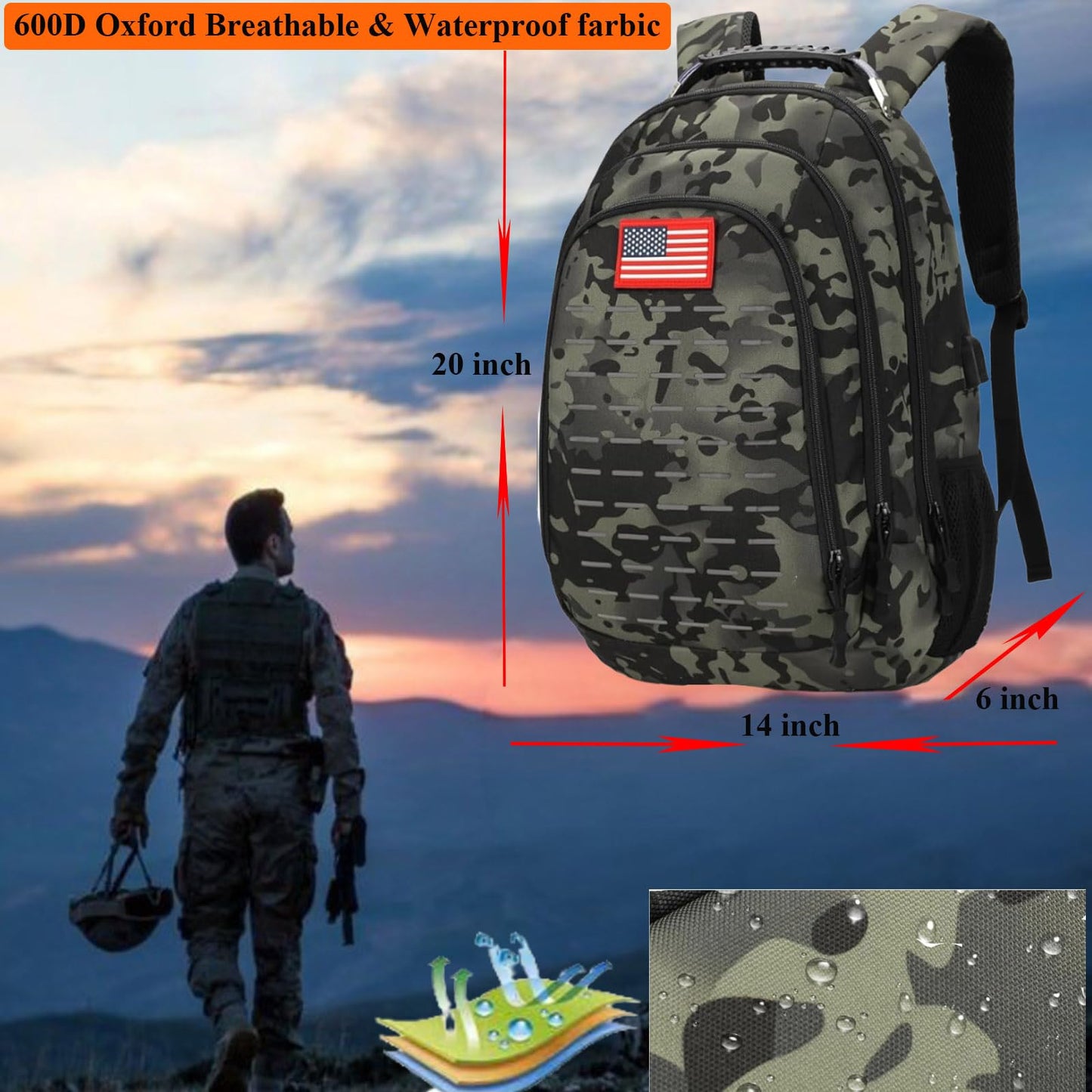 inchzx 40L Tactical Backpack Molle Backpack,Military Camo Backpack Army Bookbag Daypack W/USB Port & Reflective Strip For Hiking Camping Hunting