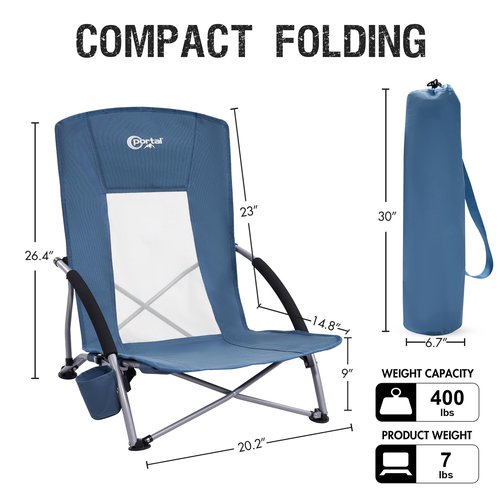 PORTAL Beach Chairs for Adults High Back Low Folding Camping Chair Portable Lightweight with Cup Holder for Travel, Concert, Lawn, Festival, Support 400lbs, Navy Blue