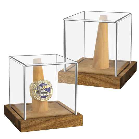 2 Pack Championship Ring Display Case Clear Acrylic Single Ring Holder with Wood Stand Base 1 Slot Ring Hole Storage for Sports Basketball Baseball Fan Souvenirs Military, UV Protection 3.94 Inch