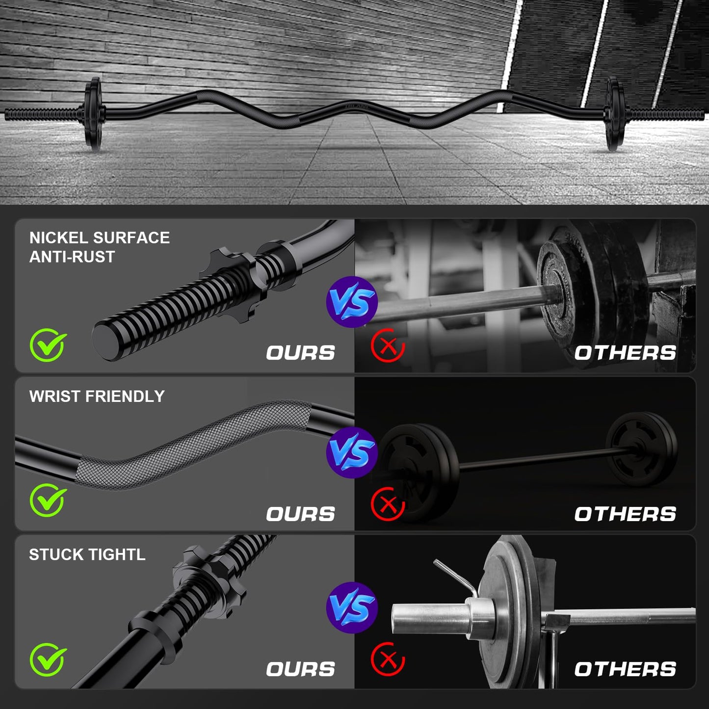 47" EZ Curl Bar Weight Lifting, 1-inch Plates Curl Bars for Squats/Hip Thrusts/Lunges, Plates Curling for Gym and Home -2 Star Collars(280lb Weight Capacity) (Black)