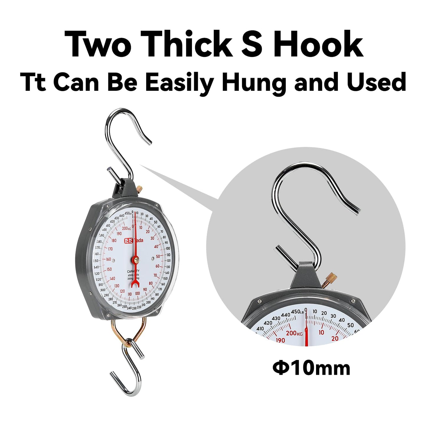 Tada Game Scale 450lb Mechanical Hanging Scale with 8 Inch Dial, Heavy-Duty Design for Kitchen, Fishing, Outdoor Use, and Farms