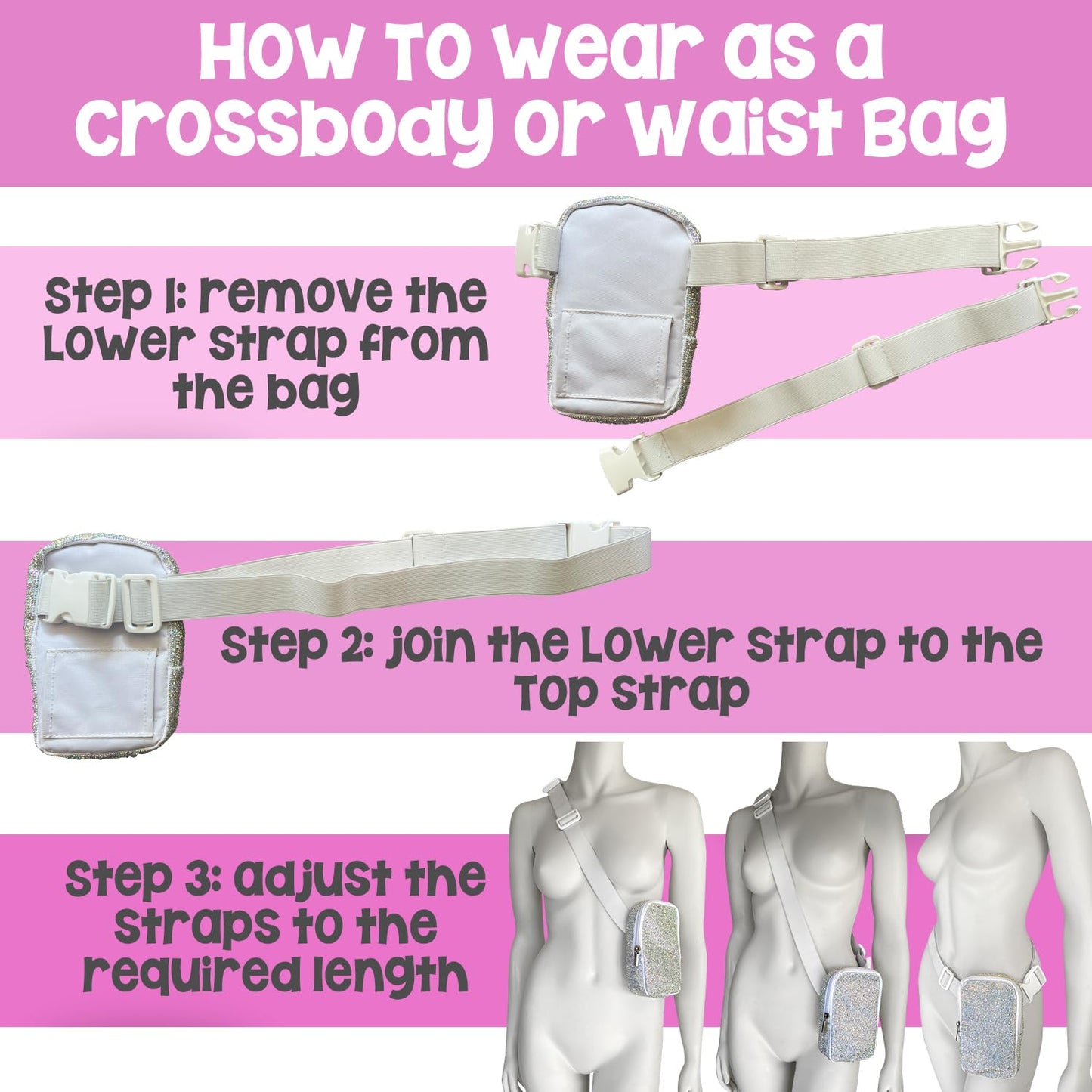 3-IN-1 Thigh Bag Fanny Pack Crossbody Bag | Rhinestone Carnival Leg Harness for Women | Bling Waist Bag | Rave Leg Pack