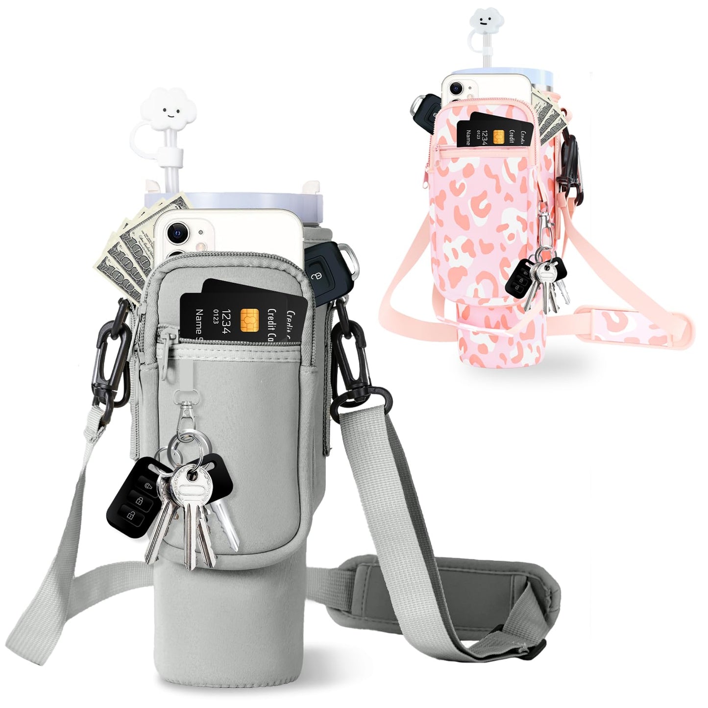 40OZ Water Bottle Carrier Bag with Phone Pocket Gray+Pink Leopard