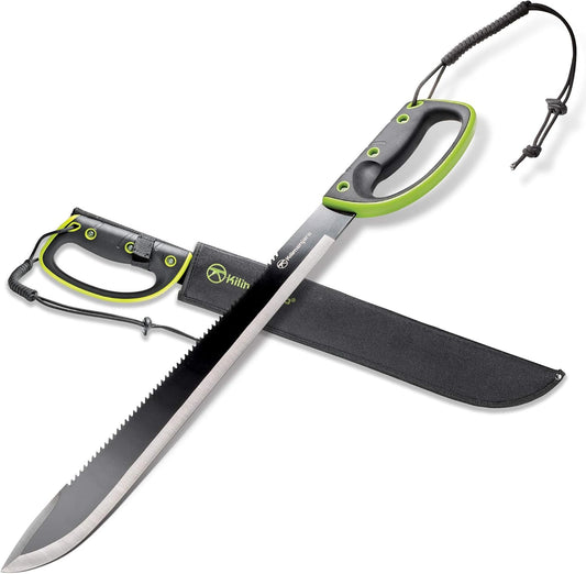 Kilimanjaro 24 Inch Machete Serrated Knife, Drop Point Tip to Saw Cut Branches, Clearing Brush, Gardening, Hiking, Outdoors Black Finish 910039