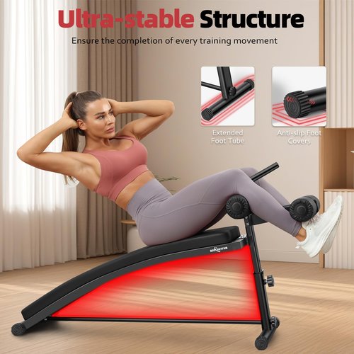 BODY RHYTHM Sit Up Bench with 3 Adjustable Heights and Reverse Crunch Handle, Curved Ab Workout Bench for Home Gym, Adjustable Weight Bench for Core Workouts and Decline Bench Press, Suitable for Individuals Up to 5.9ft Tall. (Black)