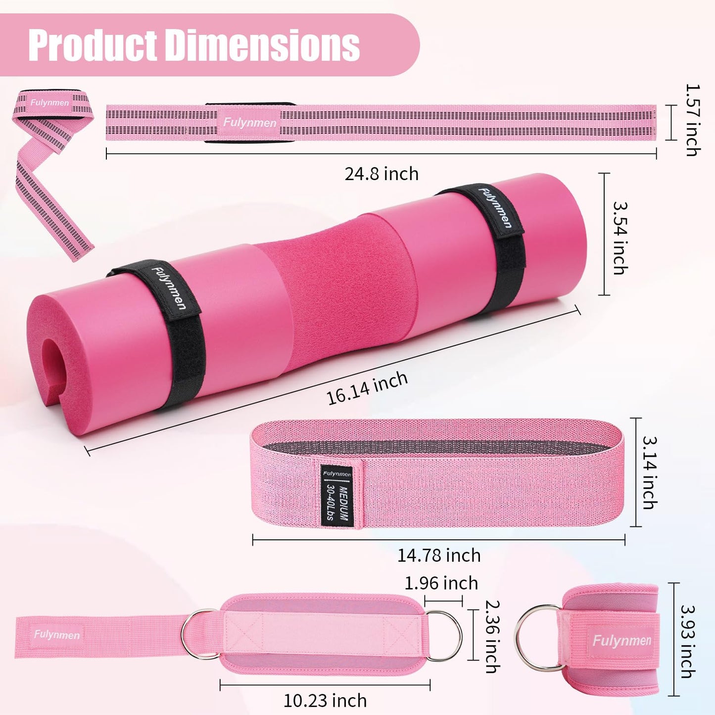 Fulynmen 9Pcs Barbell Pad Set, Hip Thrust Pad, Squat Pad, Gym Accessories Essentials Women Equipment With Barbell Pad for Hip Thrust, 2 Lifting Wrist Straps for Weightlifting, 2 Ankle Straps for Cable Machines, 3 Resistance Bands for Working Out, Carry Ba