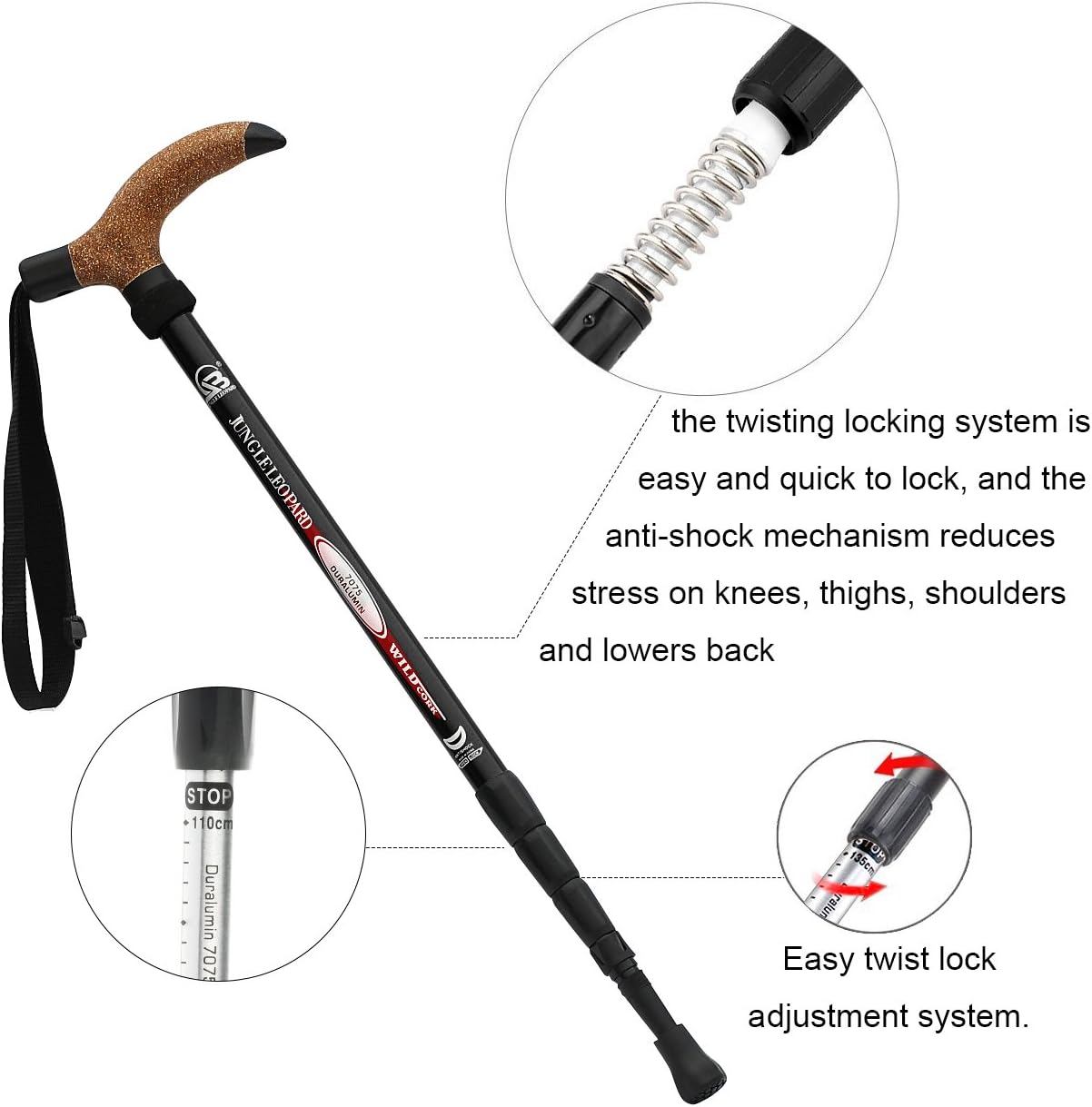 Aluminum Alloy Quick Lock Trekking Pole Anti-Shock Walking Stick Adjustable Cane Crutch for Mountains Trekking Hiking,Ultralight Collapsible with Cork Grips Tungsten Tips