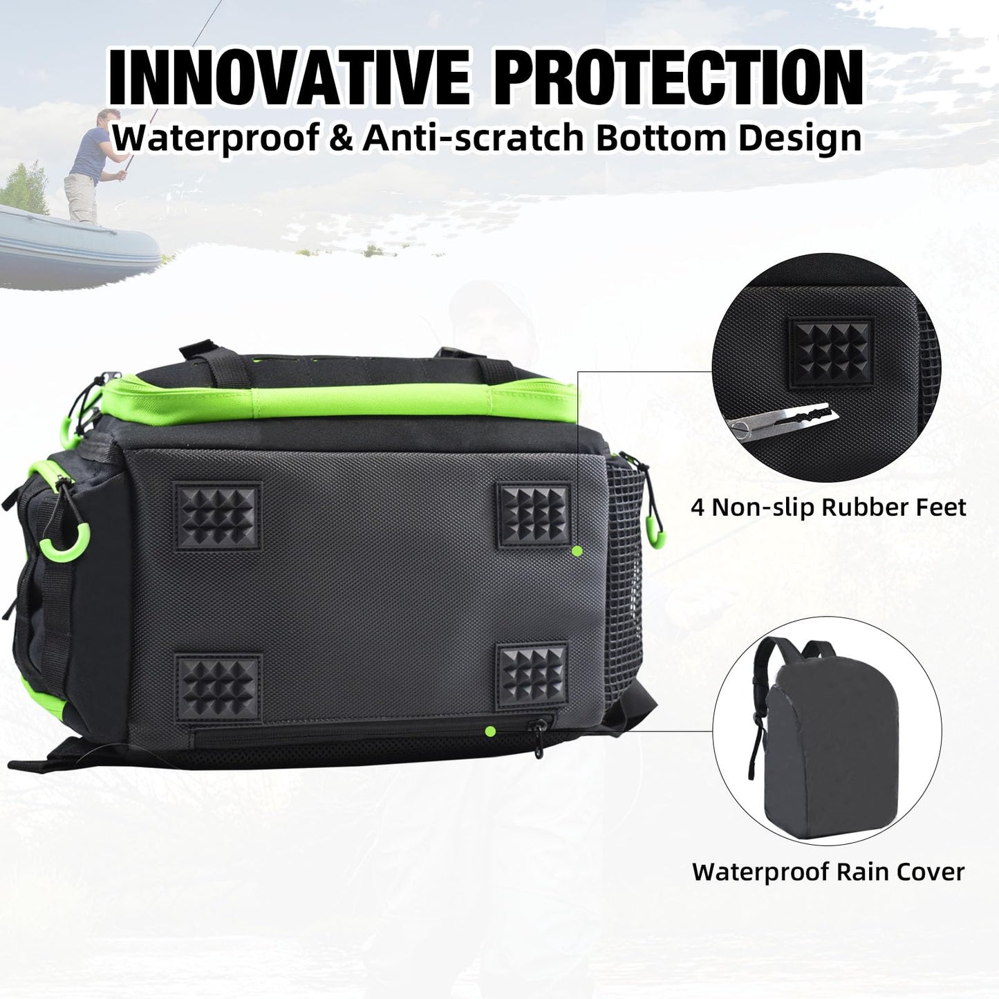 AUMTISC Fishing Tackle Bag Backpack with 2 Rod Holders, 4 Tackle Boxes, Rain Cover & Small Insulated Bag, Large Fishing Backpack for Fish Gear & Equipment