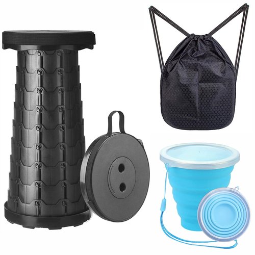 LEHAZA Collapsible Stool with Collapsible Cup & Shoulder Bag, Portable Folding Stool, 400lbs Capacity, Telescopic for Outdoor Camping Fishing Hiking BBQ (Black)