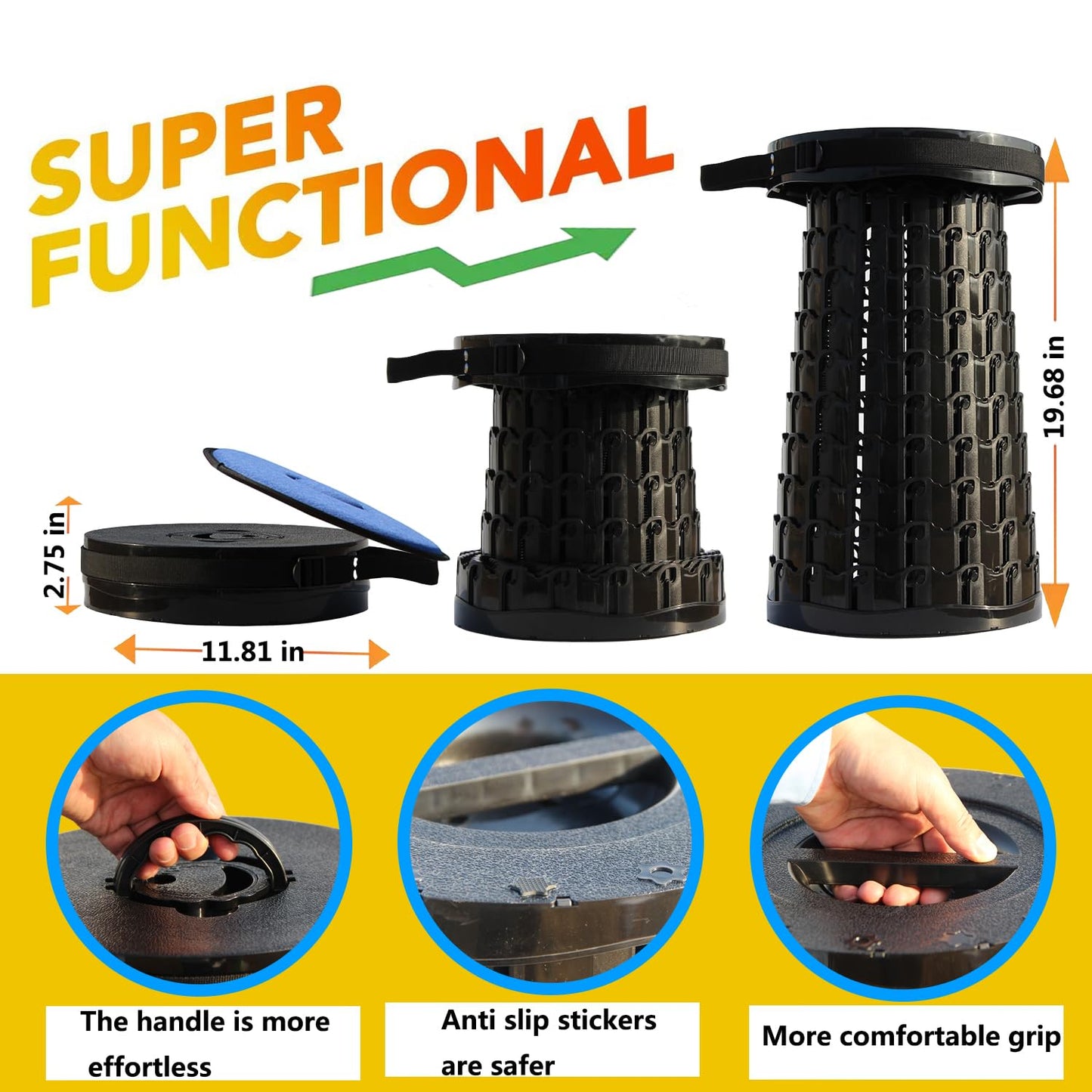 ALEVMOOM Upgraded 19.7" Collapsible Stool Portable,1000lbs Max Weight-Heavy Duty, Retractable Folding Stool with Cushion for Adults for Outdoor Fishing Hiking BBQ