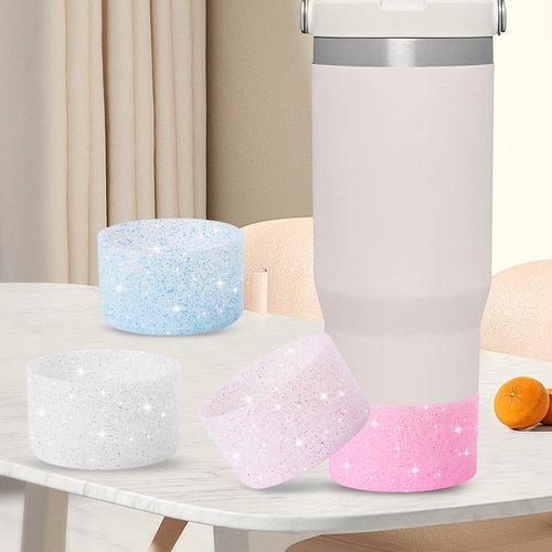 VZZNN 4-Pack Protective Glitter Silicone Boot for Stanley Quencher 20-40 oz and Hydroflask 12-24 oz,Compatible with All Water Bottles with Bottom Width of 2.85-3.56in（Blue Pink Purple Silver）