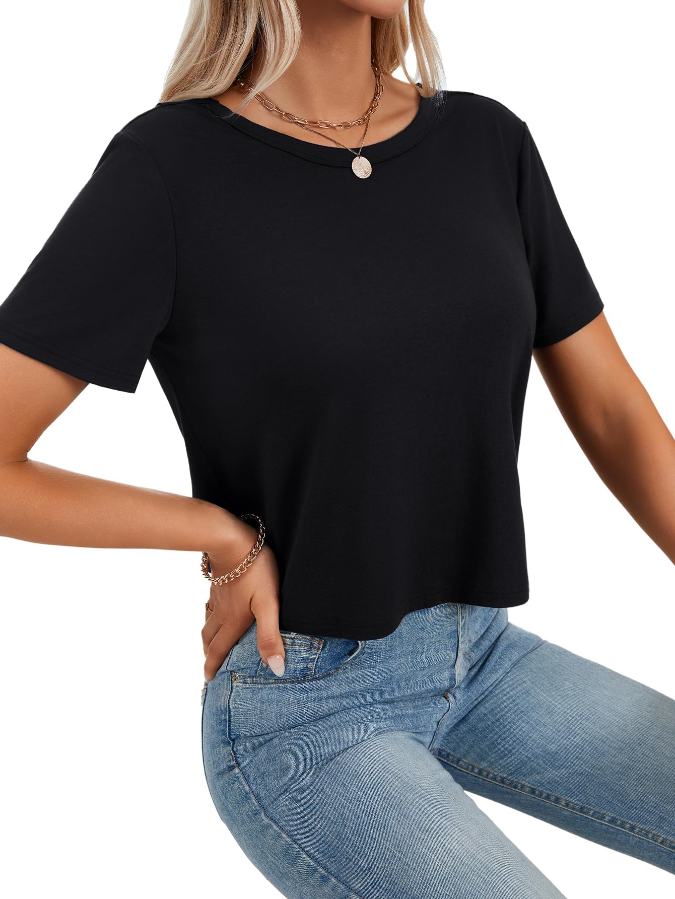 LYANER Women's Backless Open Back Cut Out Tops Round Neck Short Sleeve Tee Casual Workout T-Shirt Black Medium