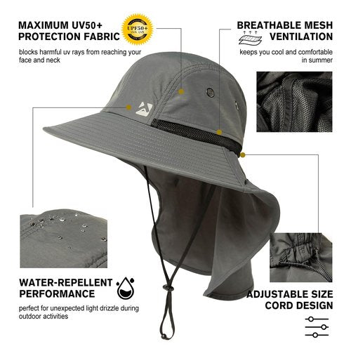 Summer Sun Hats Shade Men Big Head Wide Brim Neck Flap Safari Waterproof Beach UPF50+ Fishing Hiking Dark Grey X-Large XX-Large XL XXL