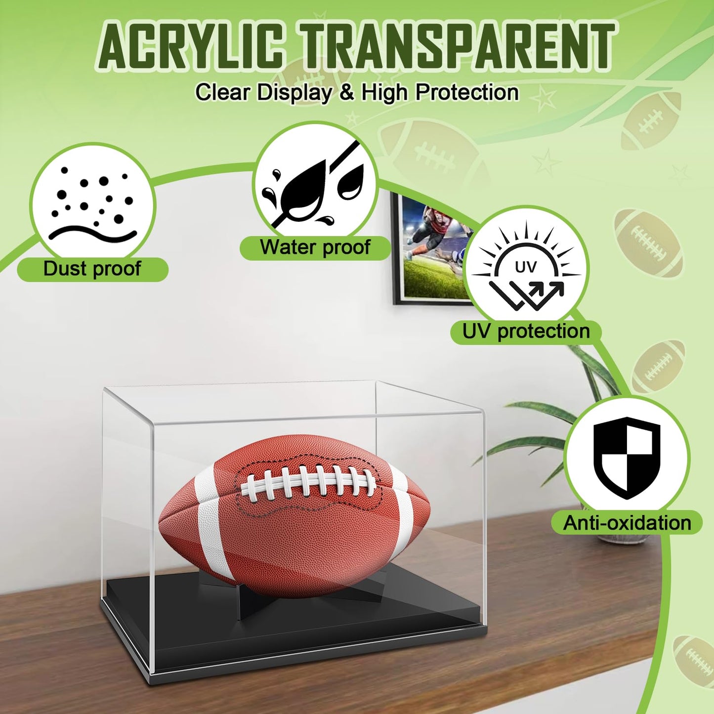Football Display Case Full Size，Memorabilia Display Box Cases for Football or Memorial Sports Gloves，Acrylic Clear Box with Wood Stand Solid Base