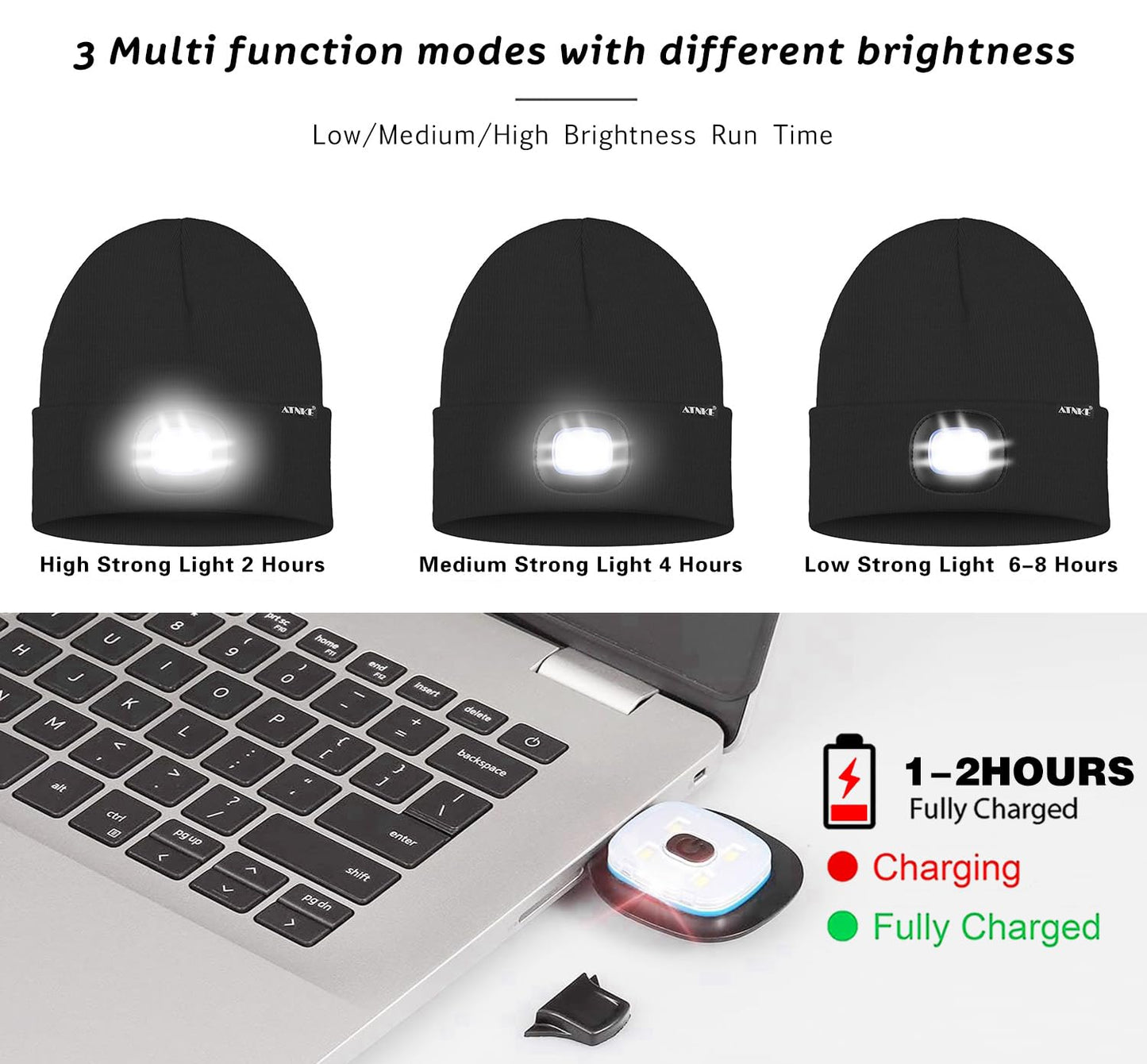ATNKE 2Pcs LED Lighted Beanie Hat,USB Rechargeable 4 LED Running Headlamp Bright Cap with Light Gifts for Men and Women/#Black