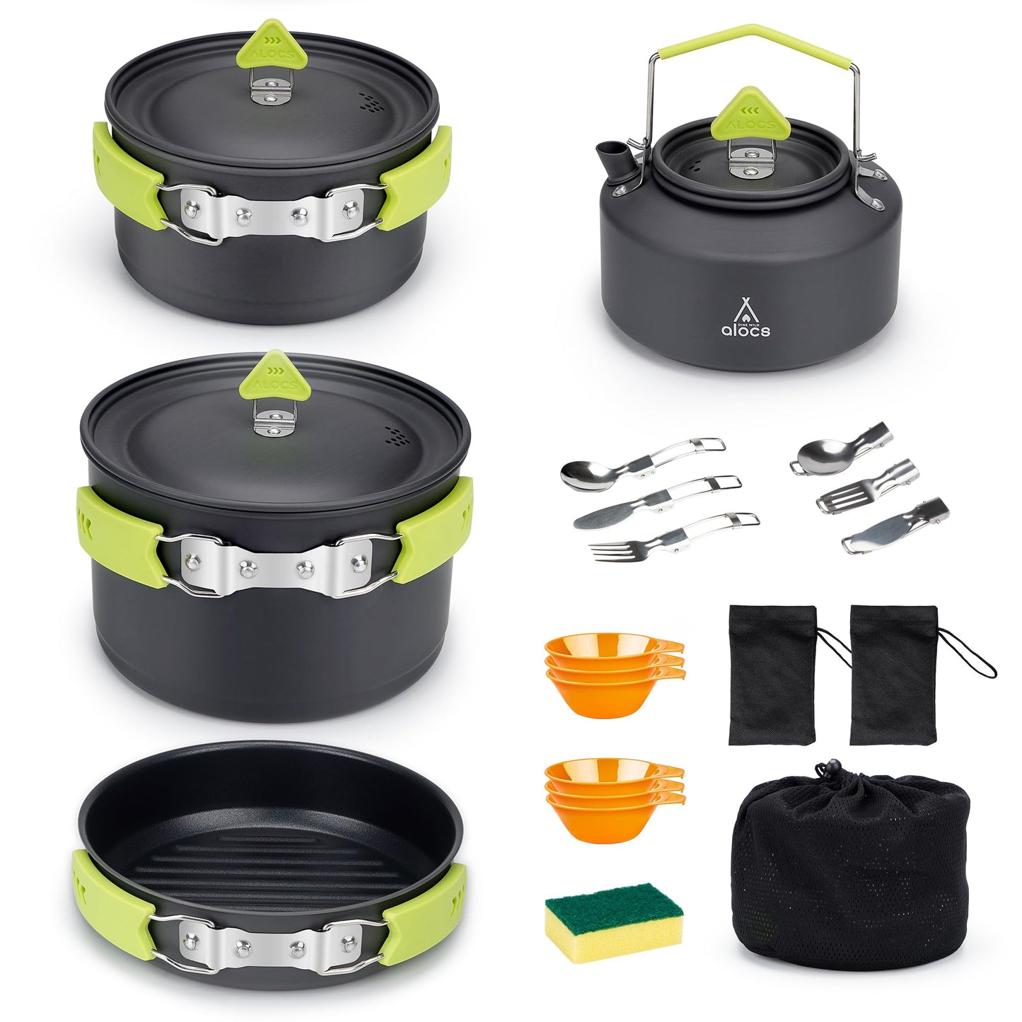 Alocs Camping Cookware, Non-Stick Large Camping Cooking Set with Kettle, Camp Kitchen Camper Must Haves for Outdoor Camping Hiking Picnic