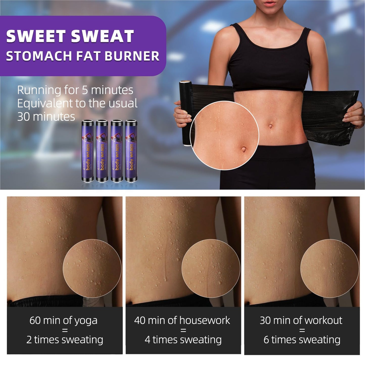 Hayunfiys 4 Rolls 60 Meters Black Osmotic Plastic Body Wrap Exercise & Fitness Sweat Enhancer Anti-Shedding Yoga Training Band Set, DIY Sauna Wrap Pilates Workout