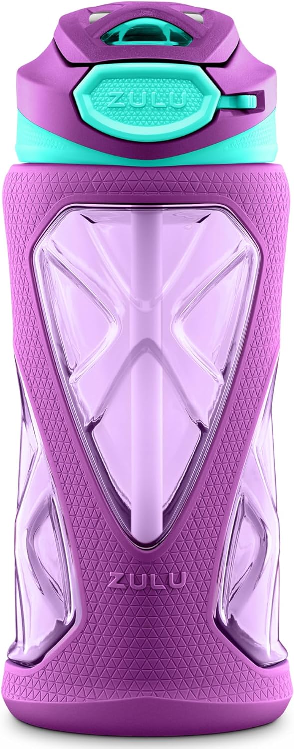 ZULU Torque 16oz Plastic Kids Water Bottle with Silicone Sleeve and Leak-Proof Locking Flip Lid