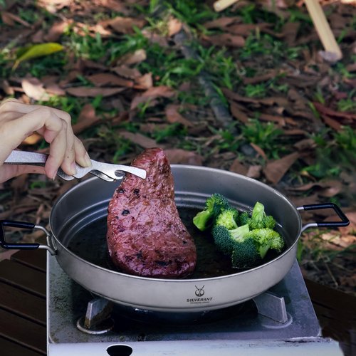SILVERANT Camping Plate Titanium Pan Dish Plate with Handle & Mesh Bag, Large Reuseable Ultralight Dinner Plate for Camping Outdoors Backpacking (1500ML)