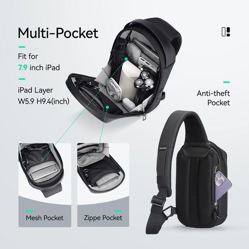 MARKETRON Sling Backpack Men, Sleek Aesthetic Sling Bag with Hard Shell Design and USB Charging Port, Waterproof Shoulder Bag for Traveling, Sporting, Cycling, Daily