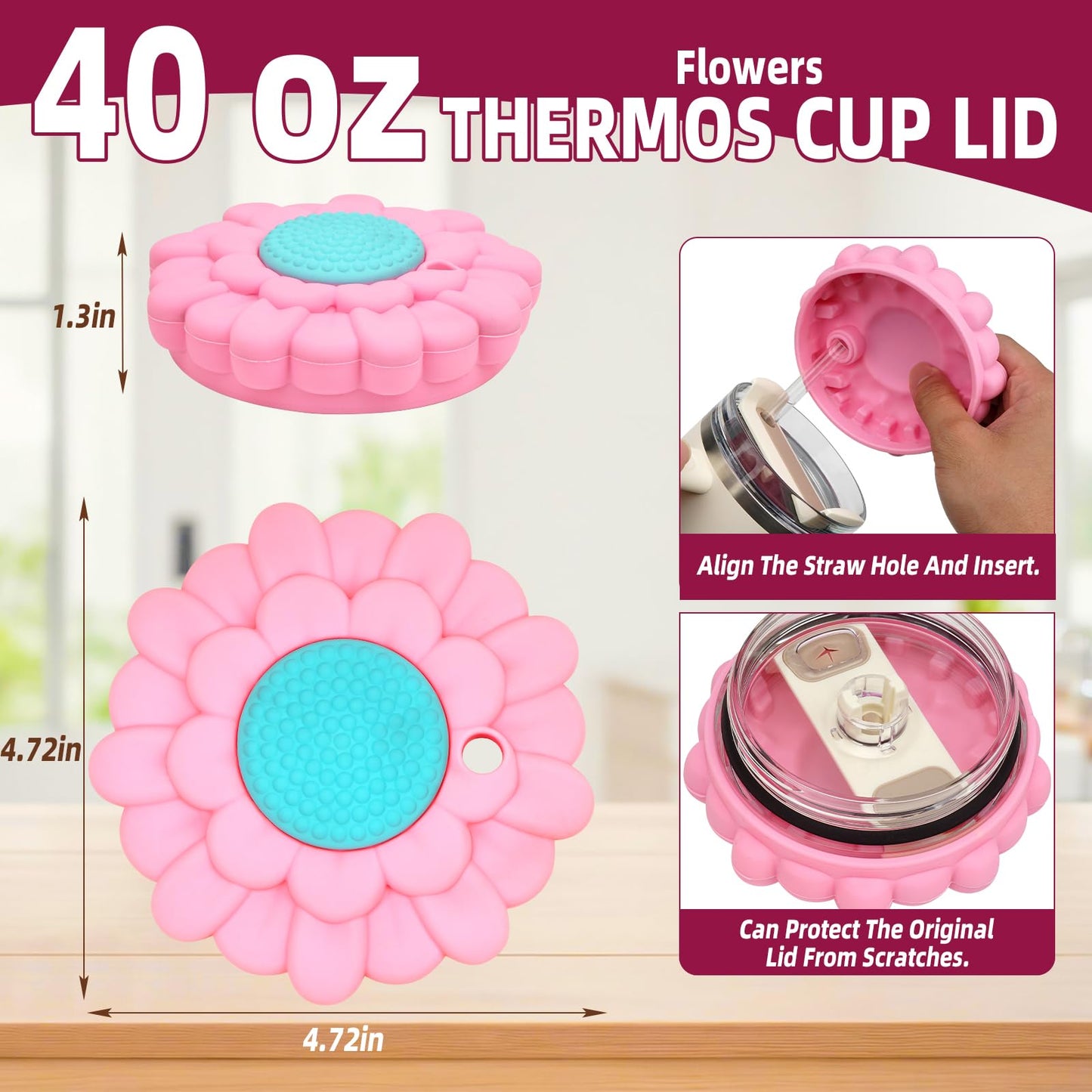 for Stanley Cup 40 Oz Lid Case Dustproof Scratch, Silicone Lid Covers Toppers Dust Cap for Stanley 40 Oz Tumbler with Handle Quencher H2.0 for Stanley Cup Accessories decoration Case - Pink Flower
