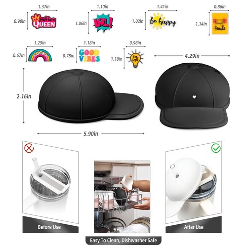 Tizuxa Baseball Cap Dustproof Lid Cover for Stanley Cup, with 7pcs Cap Charms Decorative Dust Covers for 40 Oz Tumbler Silicone Cup Accessories Decoration Case - Black
