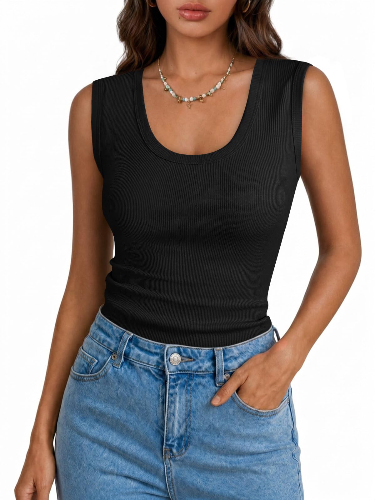 Yousify Womens Tank Tops Ribbed Scoop Neck Summer Sleeveless Top Fitted Basic Tee Shirts Slim Tanks Casual Clothes 2026 Black