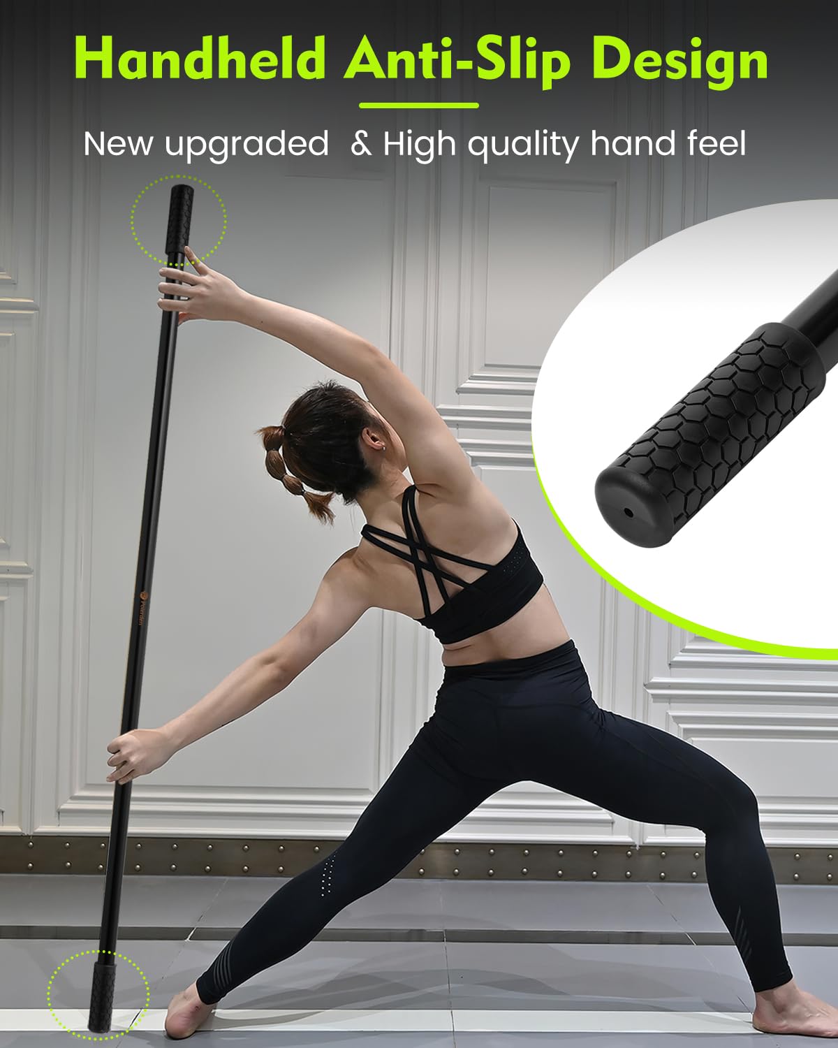 P Polerden Yoga Stick Natural Bamboo 5ft, Stretching Stick for Mobility, Exercise Stick with Non-Slip Ends, Exercise Dowel for Physical Therapy, Balance Pole and Stretch Bar for Stretching Equipment Black