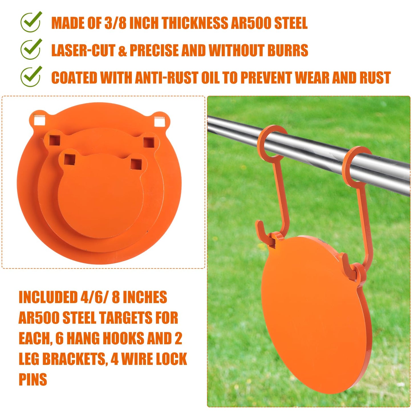 Syhood 3/8''-Gong AR500 Steel Targets Hanging Kit Include 3 Pcs 3.94"/5.91"/7.87" Metal Steel Shooting Targets 6 Pcs Hang Hooks 2 Pack Leg Brackets 4 Pack Wire Lock Pins(Orange)