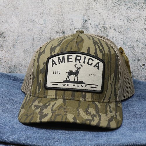 Rural Cloth America We Hunt Patch Snapback Hat, Adjustable Mesh Baseball Cap, Embroidered Trucker Hat for Men & Women, Outdoor Cap for Fishing, Hunting & More, One Size, We Hunt Deer - Bottomland Camo