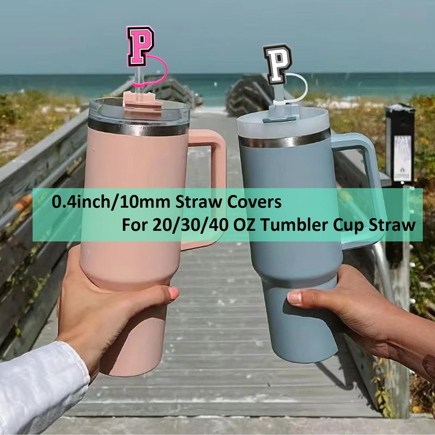 2PCS Straw Cover Cap for Stanley Cup 30&40 Oz 10mm Straw Toppers with 2PCS Initial Personalized Letter Charms for Stanley Tumbler (Letter P)