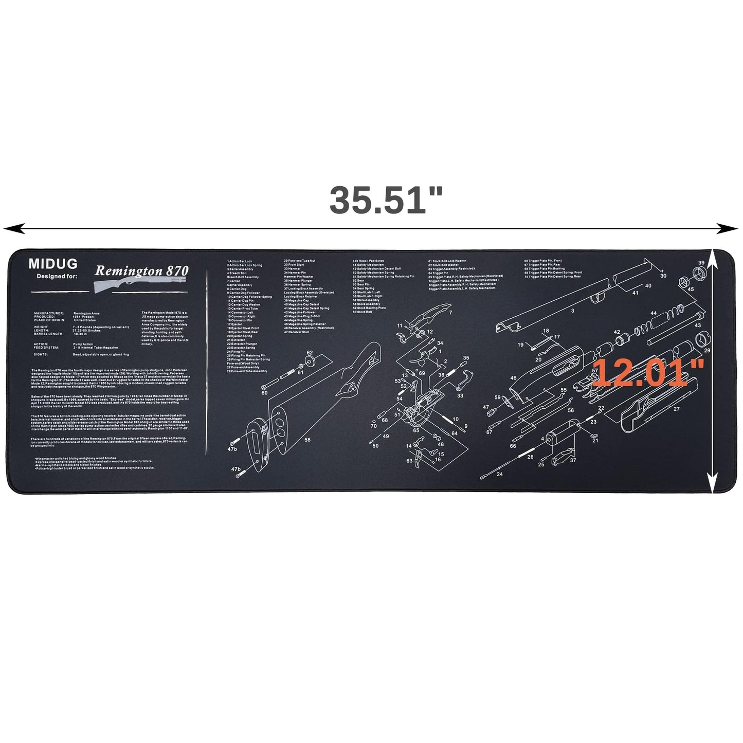 MIDUG Thick Gun Cleaning Mat, Anti-Slip Rubber, 5mm Thickness, 36'' X 12'', Gun Maintenance Mat for Remington 870 Shotgun