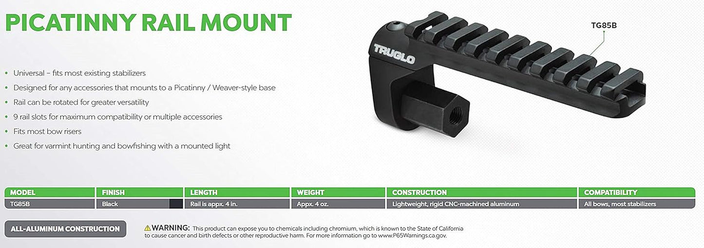 TRUGLO Universal Picatinny Rail Mount - Durable Aluminum Bowfishing Accessory Holder with 9 Slots