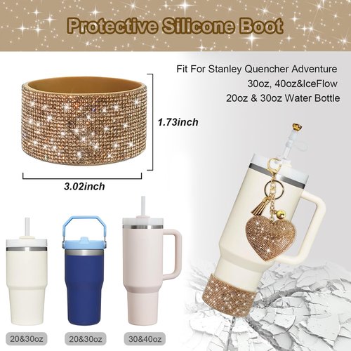 VirgoCCY 5PCS Stanley Cup Accessories Set 30&40 Oz, Includes 1 Diamond Glitter Silicone Boot, 1 Glitter Handle Strap, 1 Straw Covers,1 Straw Adapters Charm Blank with 1 Glitter Charms, Gold