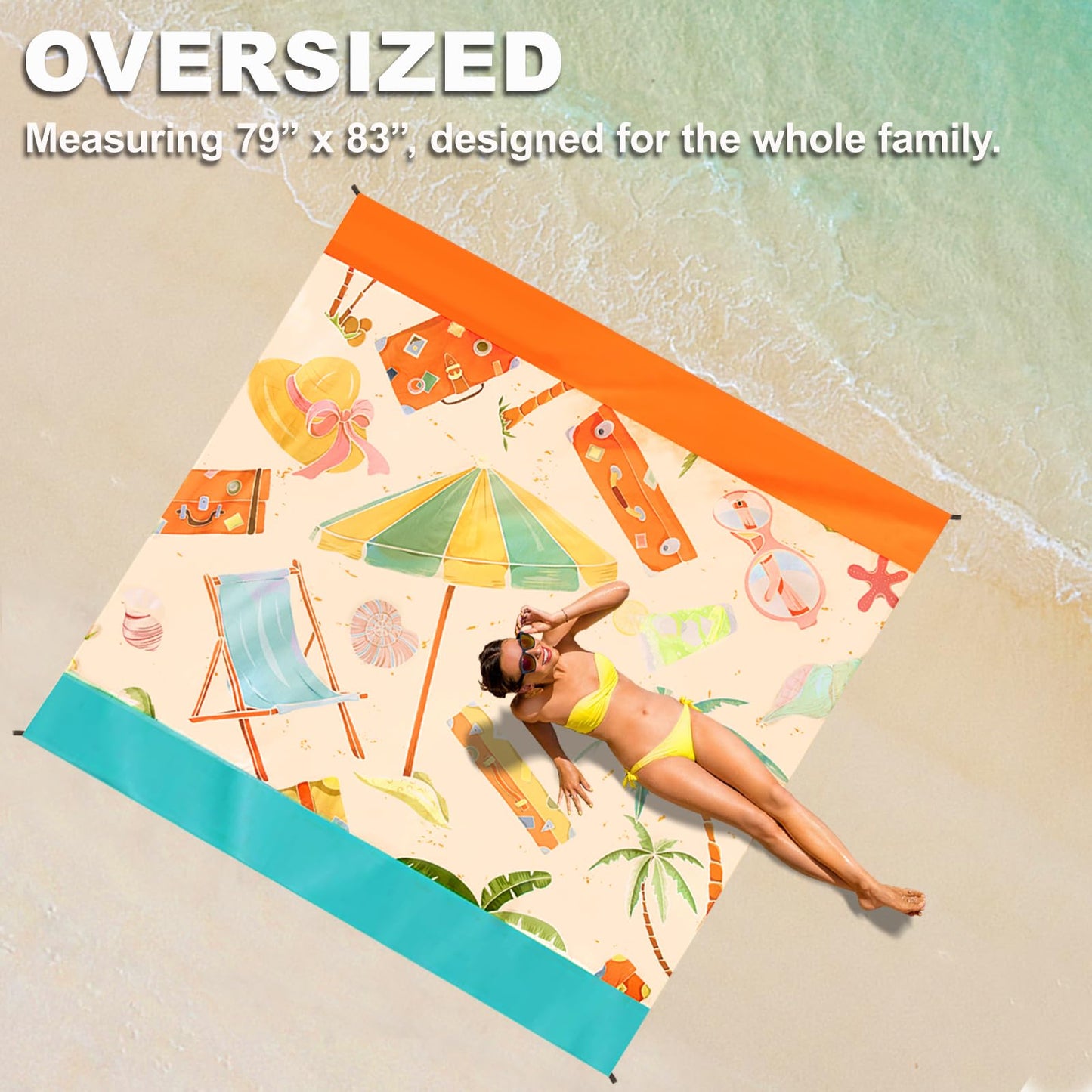 FunQeeu Beach Blanket, Waterproof Sandproof Extra Large Beach Mat 83" X 79" for 2-8 Adults Oversized Lightweight Quick Drying Outdoor Picnic Blankets