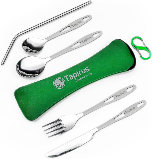 Tapirus Camp Utensils To Go | 6-piece Portable Set | Durable Stainless Steel | Light Weight Silverware With Waterproof Carrying Case | Ideal Equipment For Your Meal On The Go | Carabiner Included