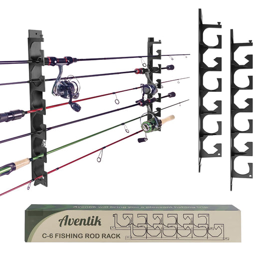 Aventik Horizontal Fishing Rod Holder for Garage Wall or Ceiling Mounted Fishing Pole Holder Holds 6 Rods or Combos, Fishing Rod Rack for Wall, Fishing Rod Storage Organizer (Black)
