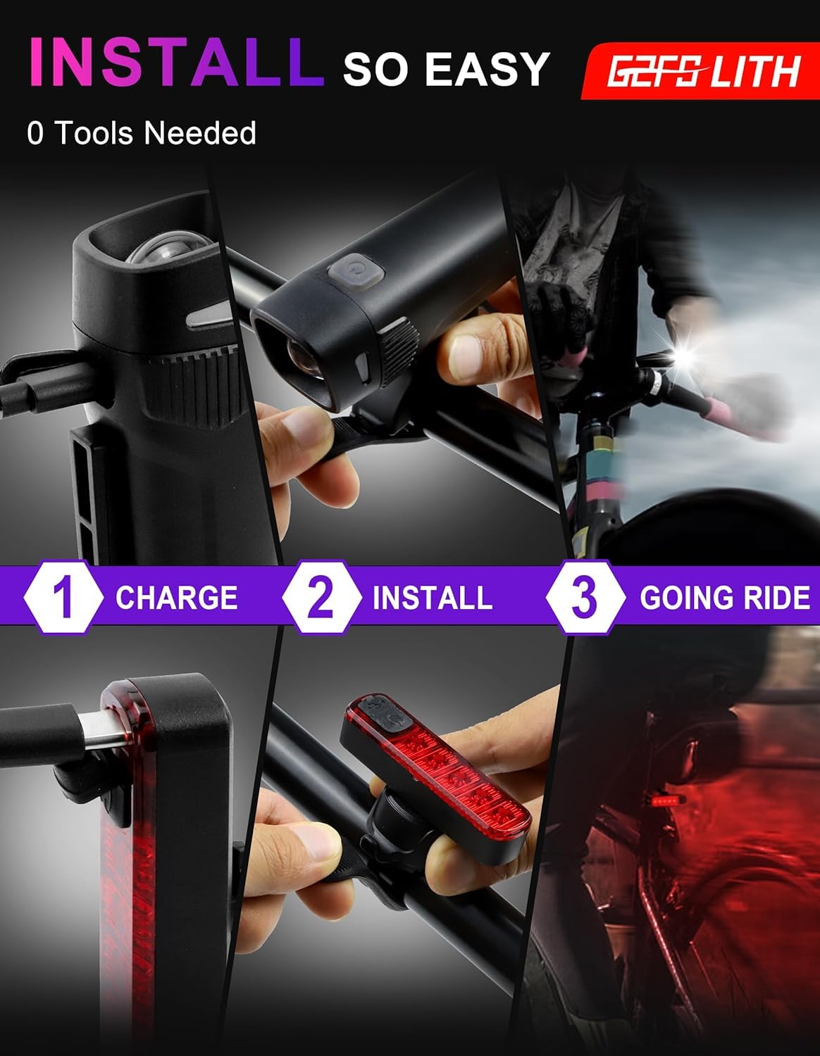 IPX6 Waterproof Front/Rear Bike Light Set (1 Headlight, 2 taillights) – Great for Night Rides, with high lumens, Long Battery Life, 5+4 Modes, Type-C Charging; Ideal for Road/Mountain Bikes.