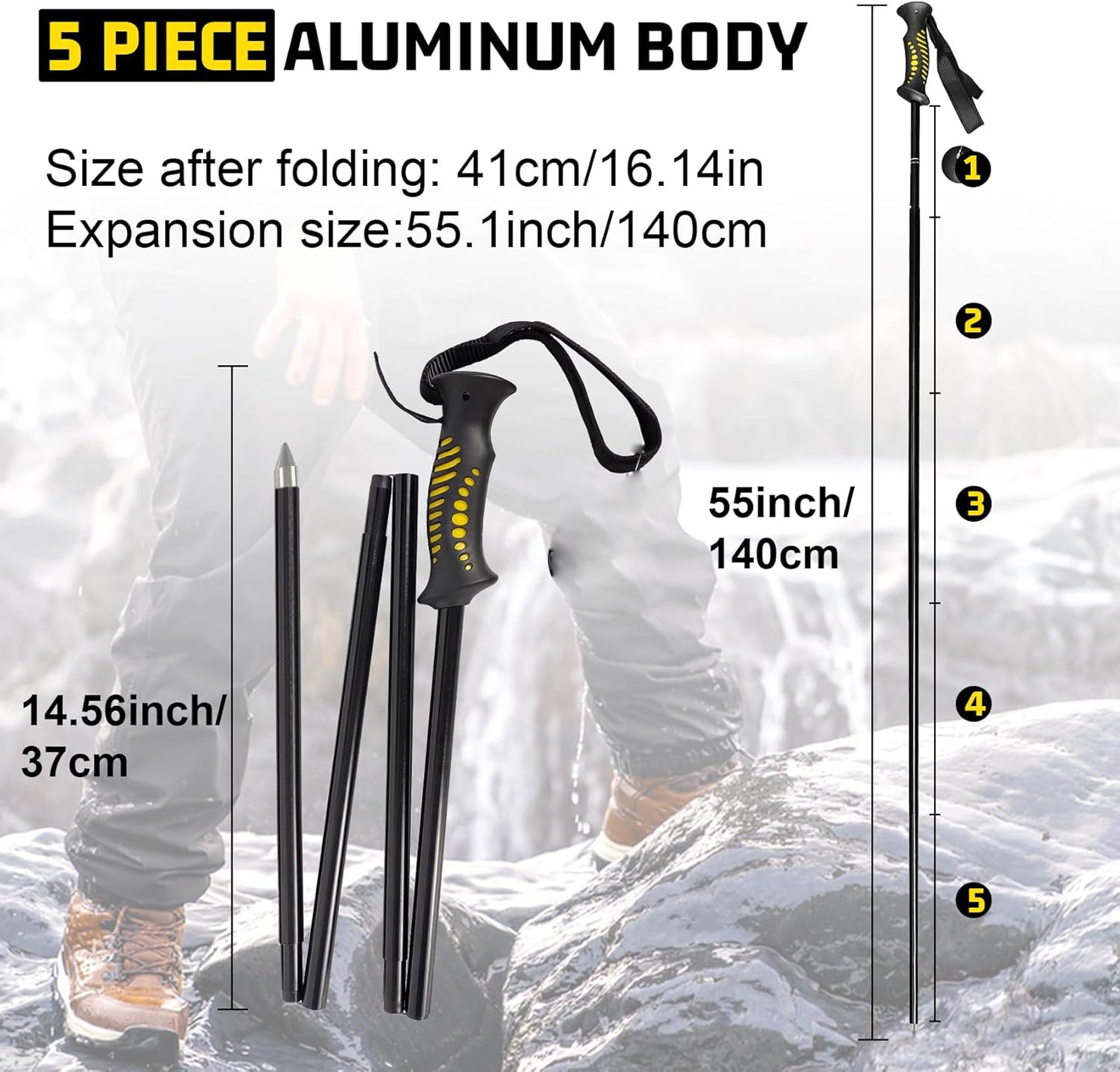 Aventik Fold-able Wading Staff Water Depth Safety Warning Sign Coated Stainless Steel Core T7075 Aluminum Body Corrosion Resistance