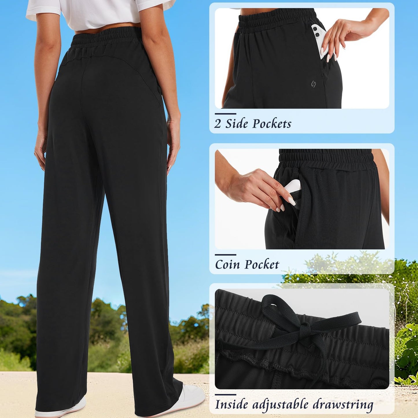 HOdo 32"/34"/36" Inseam Womens Tall Yoga Sweatpants Quick Dry Long Joggers Lounge Yoga Pants with Pockets-Black-34-M