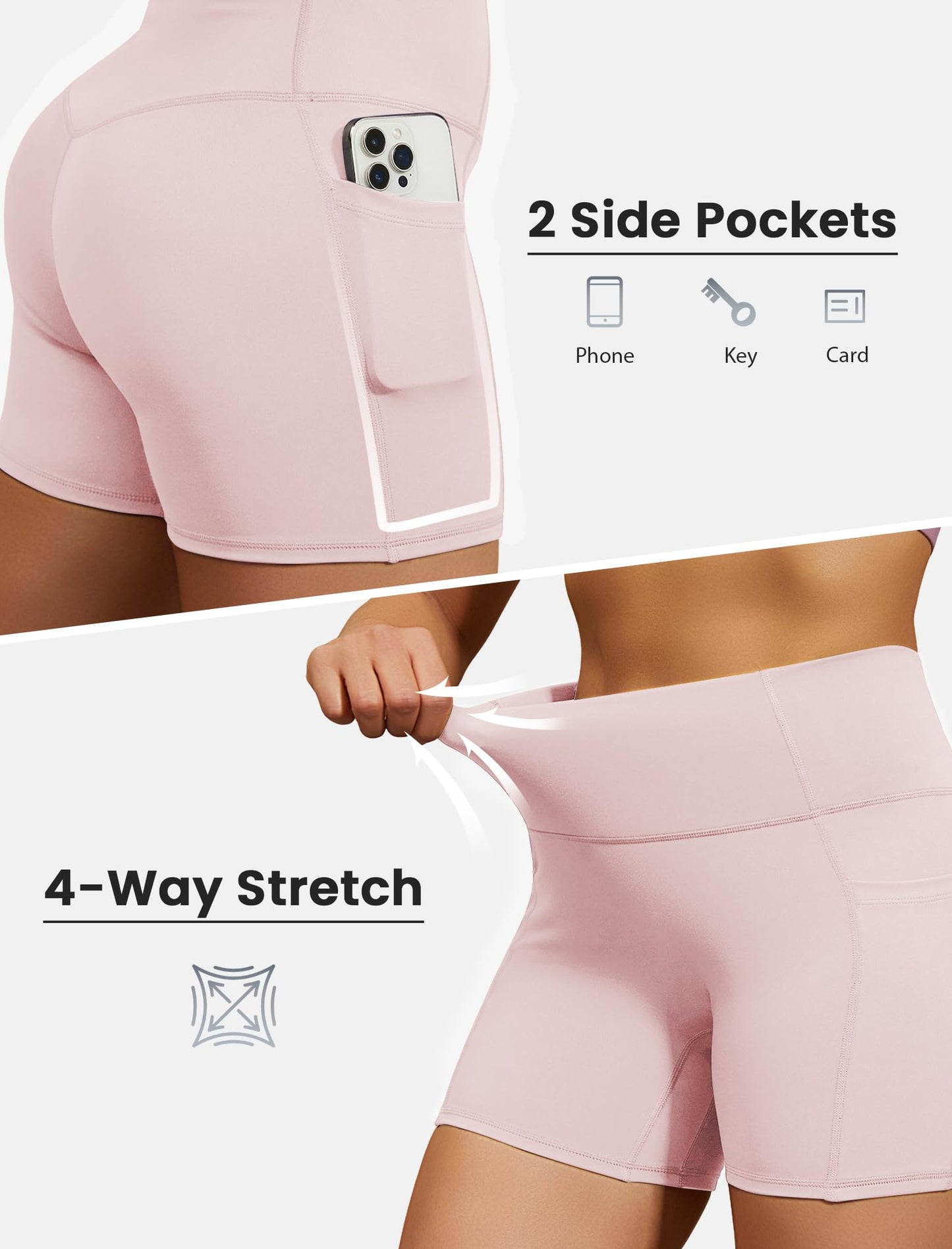 DLOODA Biker Shorts for Women, High Waisted Yoga Workout Tummy Control Spandex Compression Gym Running Shorts with Pockets Pink