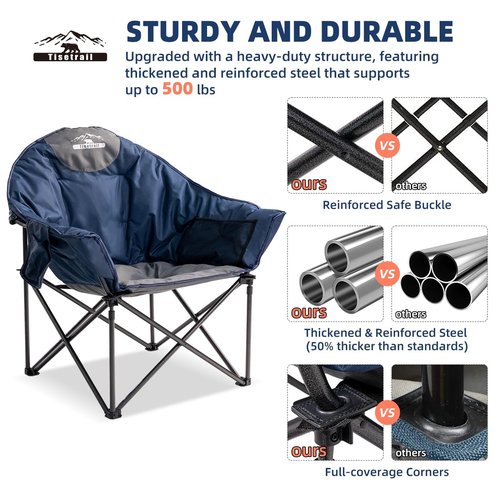 Tisetrail Oversized Camping Chair Padded Moon Round Saucer Chair with Cup Holder and Carry Bag Folding Comfy Sofa Chair for Lawn Patio Sports, Supports 500lbs, Blue & Gray