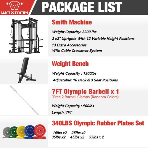 Waxman Smith Machine with Cable Crossover System, Multi - Function Squat Rack Power Cage for Home Gym & Power Rack Packages with 340lBS Color Plates