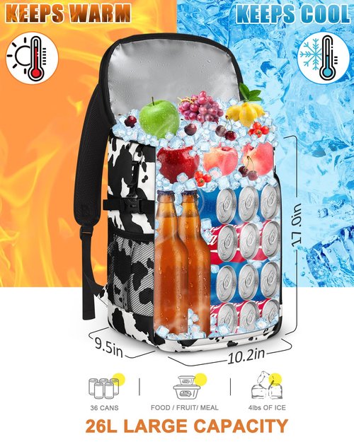 Capolo Cooler Backpack Insulated Waterproof for Women Men, Leak Proof Thermal Bag Soft Travel Cooler Portable Ice Chest Lunch Backpack for Camping Picnic (Cow Print, 36 Cans)