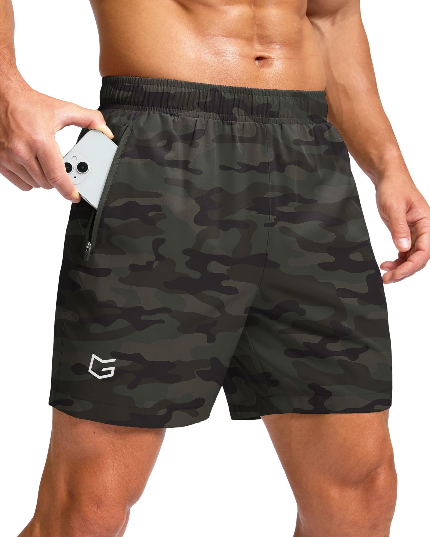 G Gradual Men's Athletic Running Shorts with Zipper Pockets Quick Dry 7"/ 5"/ 9" Workout Gym Shorts for Basketball Hiking(Green Camo,5XL)