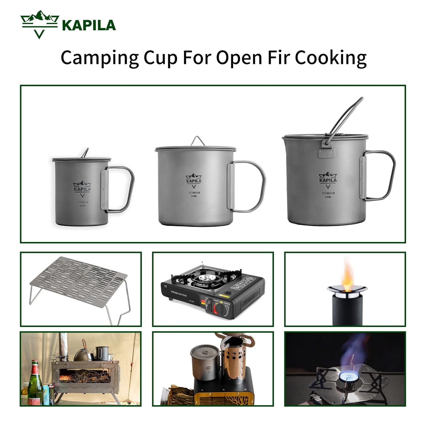 KAPILA 300ml -750ml Titanium Cup/Pot Lightweight Backpacking Camping Mug Foldable Handle Titanium Pot with Lid Camping Hiking Picnic Open Fire Cooking (300ML)
