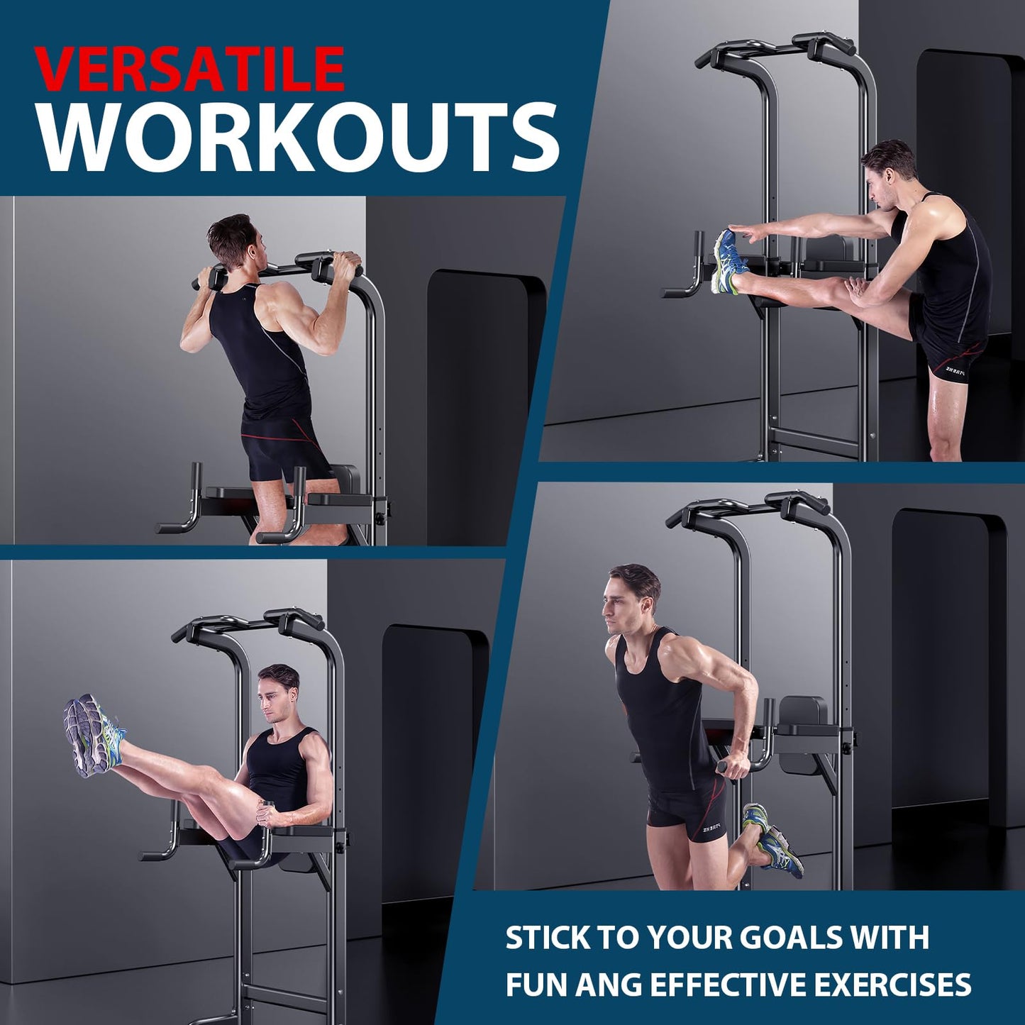 Power Tower Adjustable Height Pull Up & Dip Station Multi-Function Home Strength Training Fitness Workout Station for Home Gym (X)